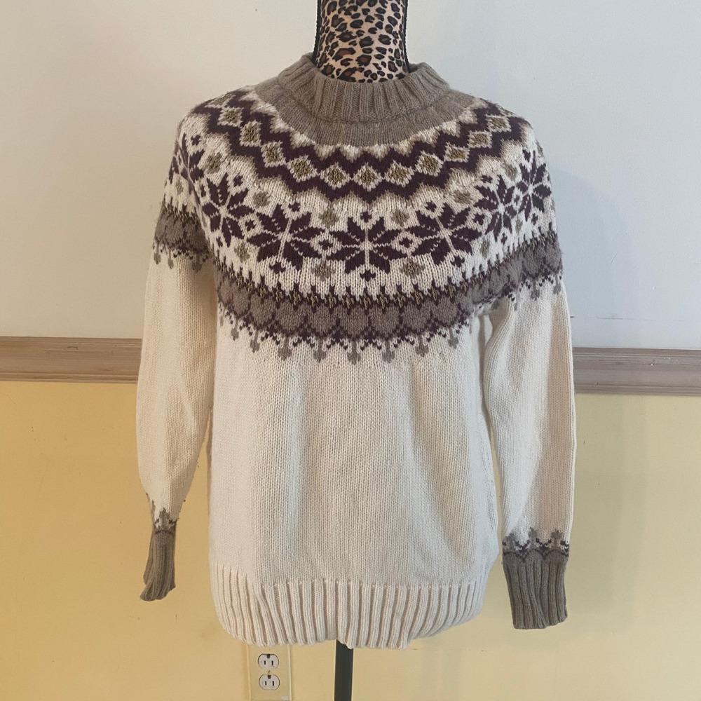 Boden Fair Isle Snowflake Sweater Mock Neck Pullover Burgundy Gold  US 4 UK 8